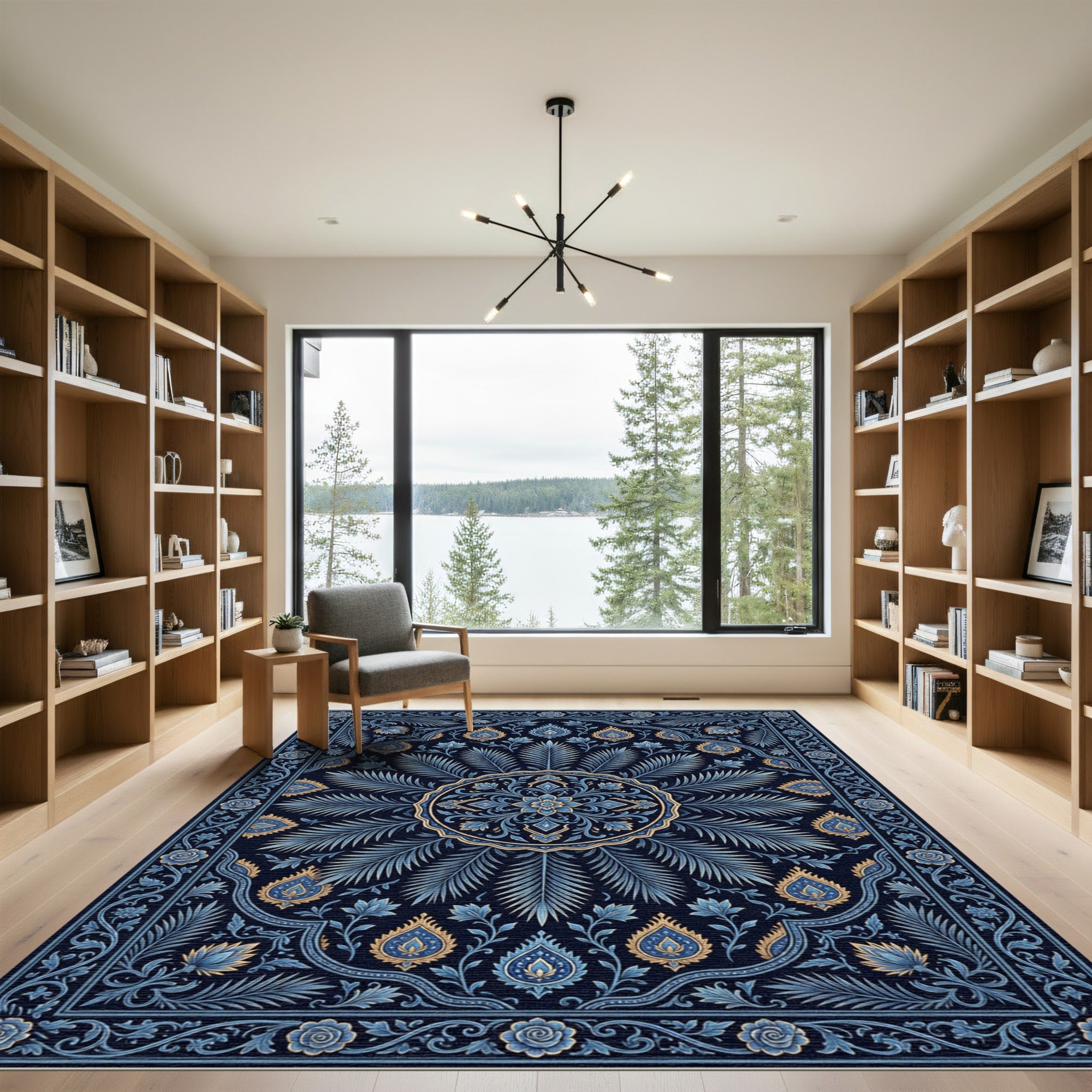 Lush Blue Floral Medallion Symmetry Rug