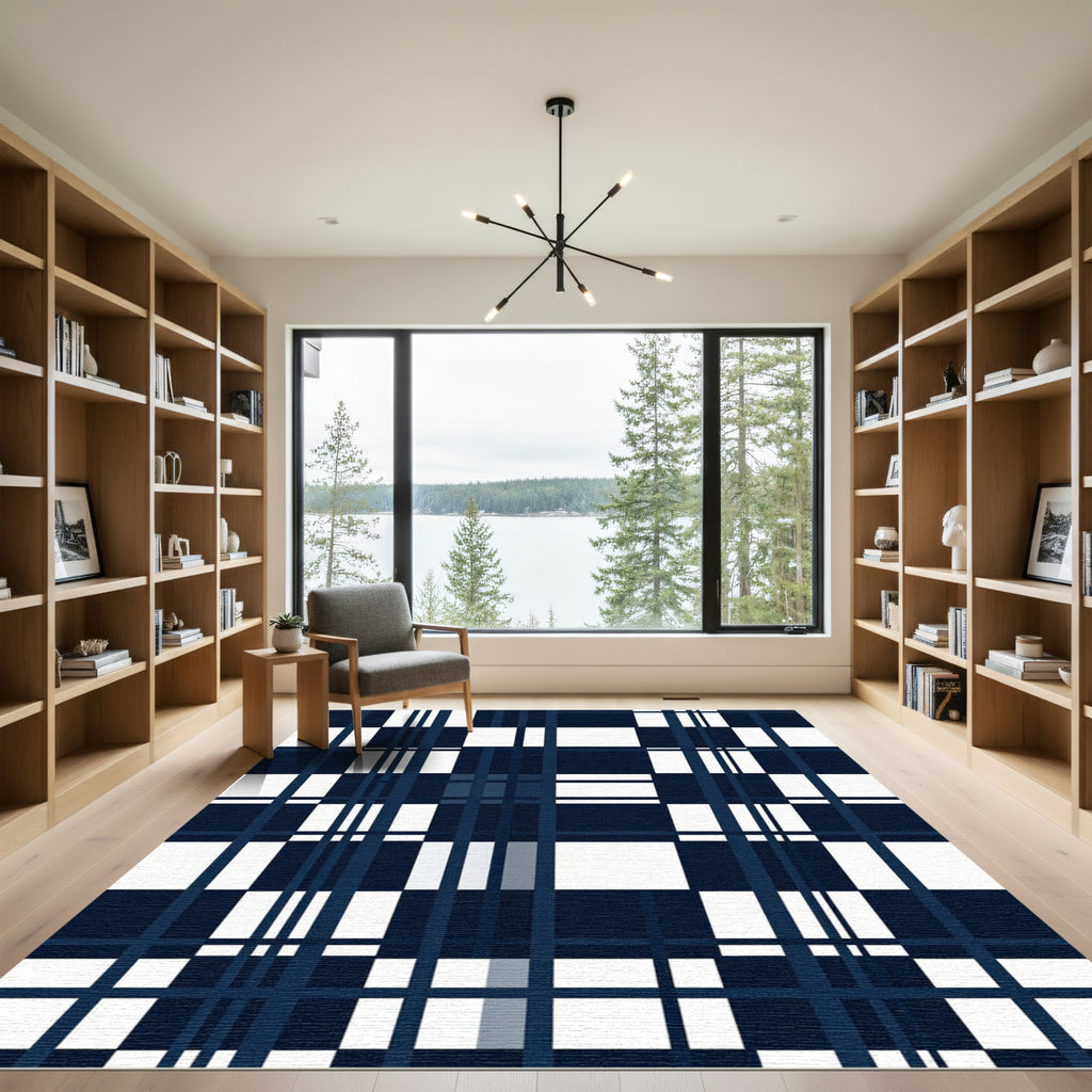 Navy White Modern Plaid Stripes Rug