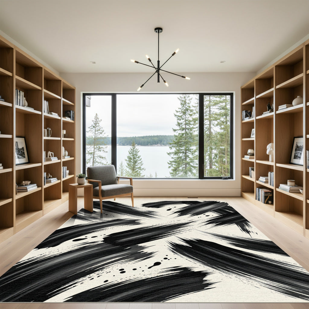 Modern Black Ink Abstract Brushstroke Rug
