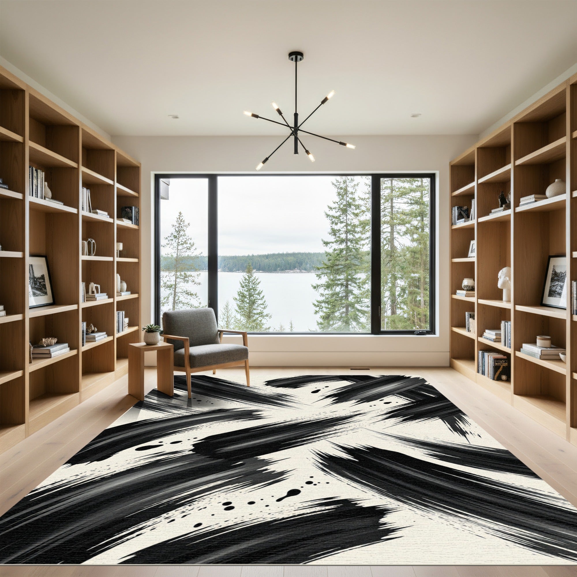 Modern Black Ink Abstract Brushstroke Rug