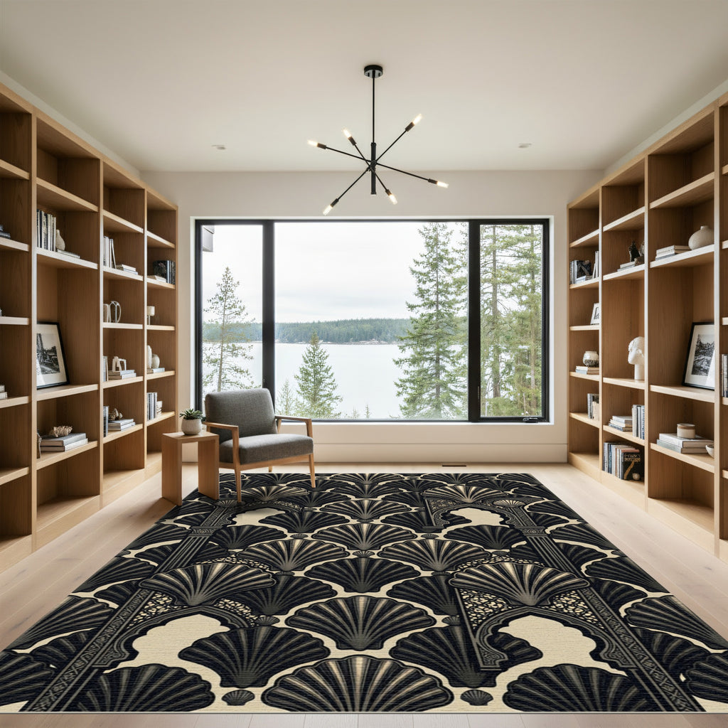 Elegant Art Deco Charcoal Shell Arch Rug