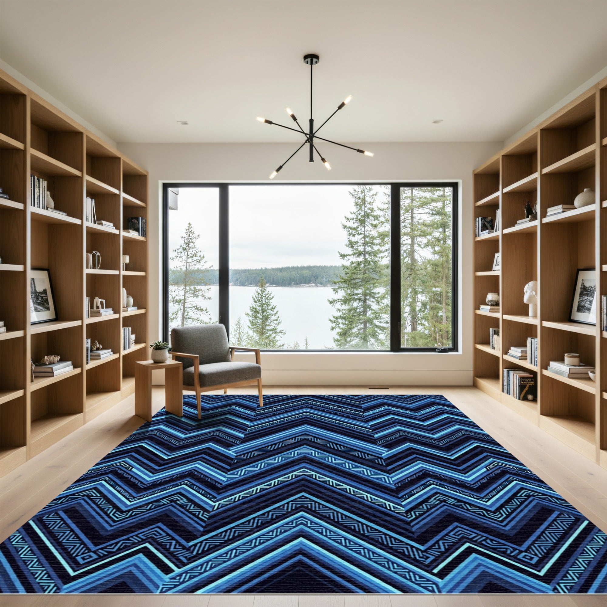 Deep Blue Geometric Chevron Zigzag Rug