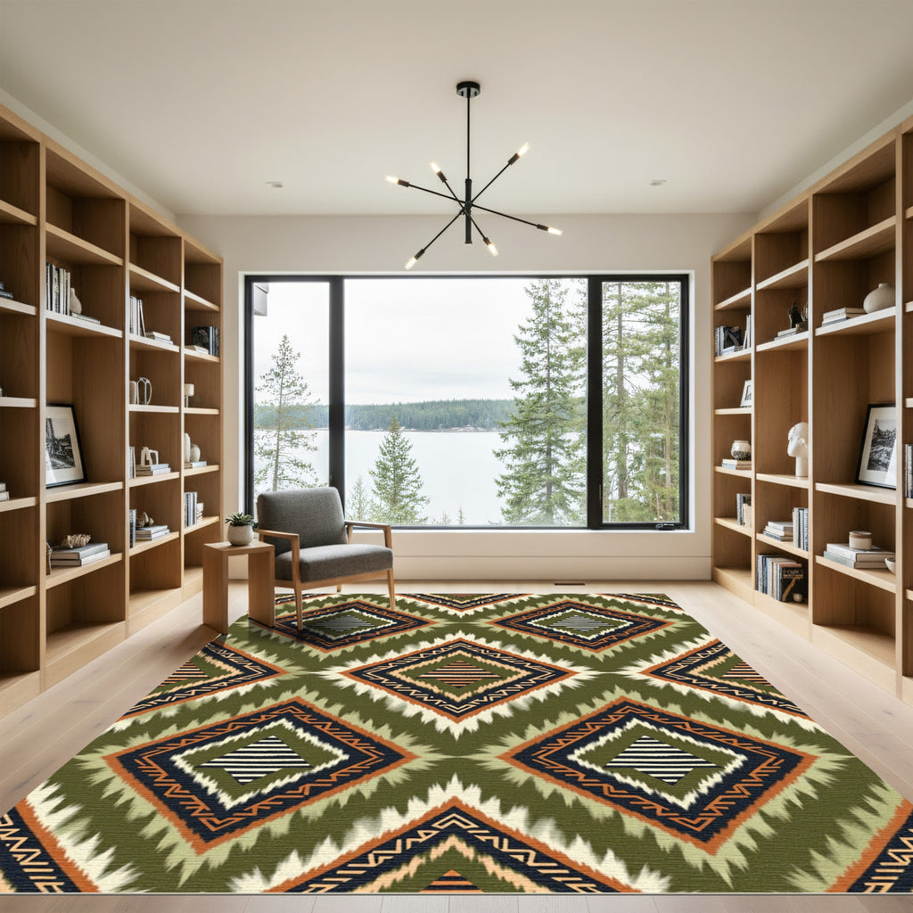 Olive Green Geometric Tribal Diamond Rug