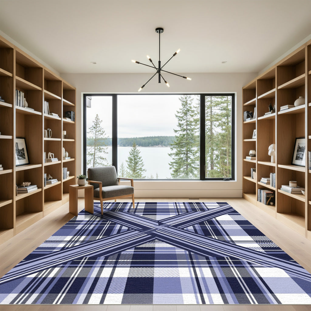 Modern Navy Blue Geometric Plaid Rug