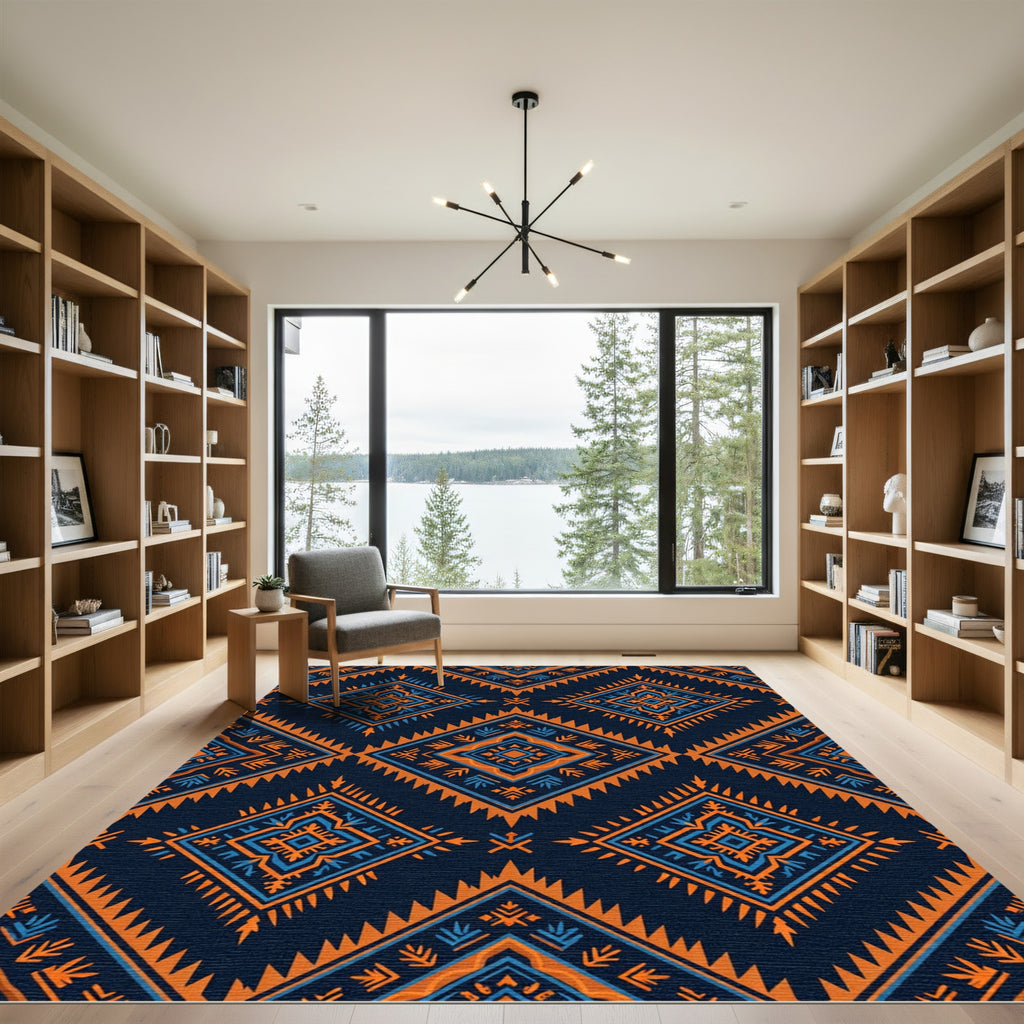 Tribal Orange Blue Diamond Medallion Rug