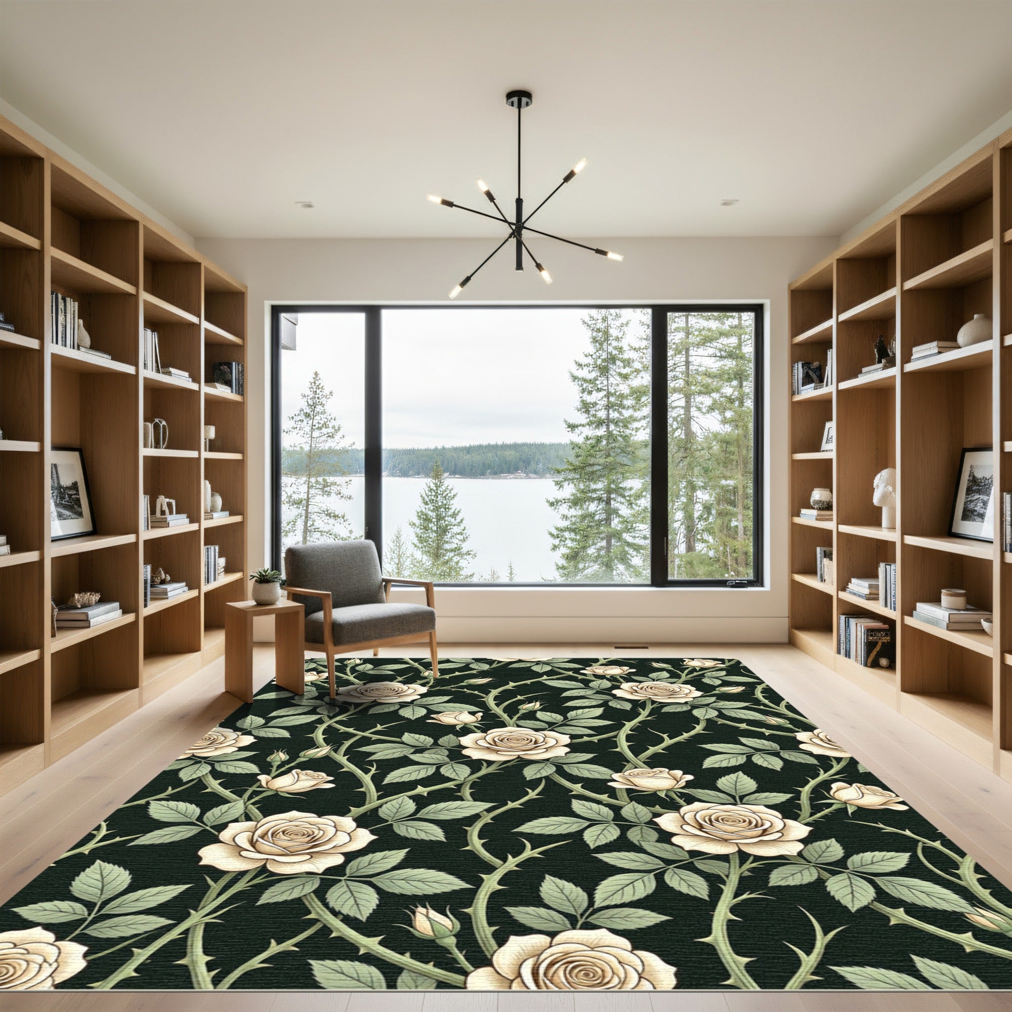 Elegant Cream Rose Vine Botanical Rug