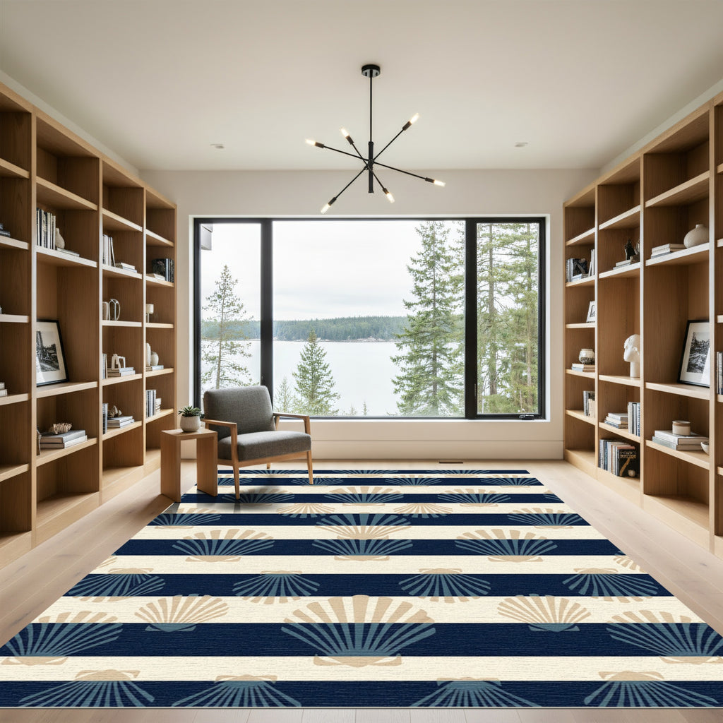 Navy Blue Coastal Seashell Striped Rug