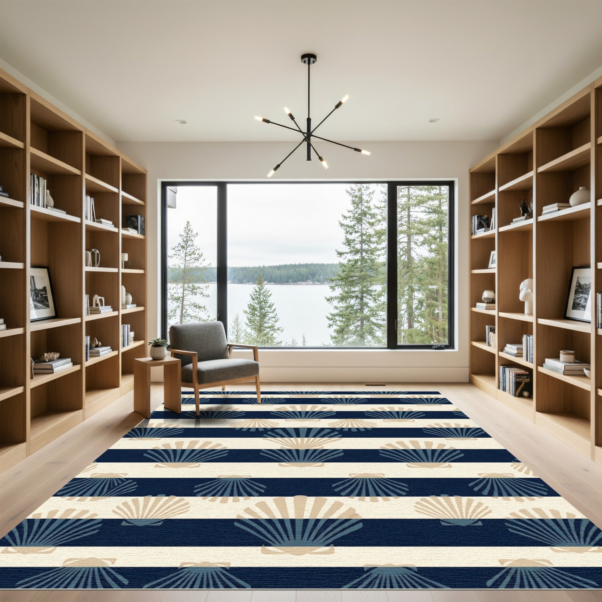 Navy Blue Coastal Seashell Striped Rug
