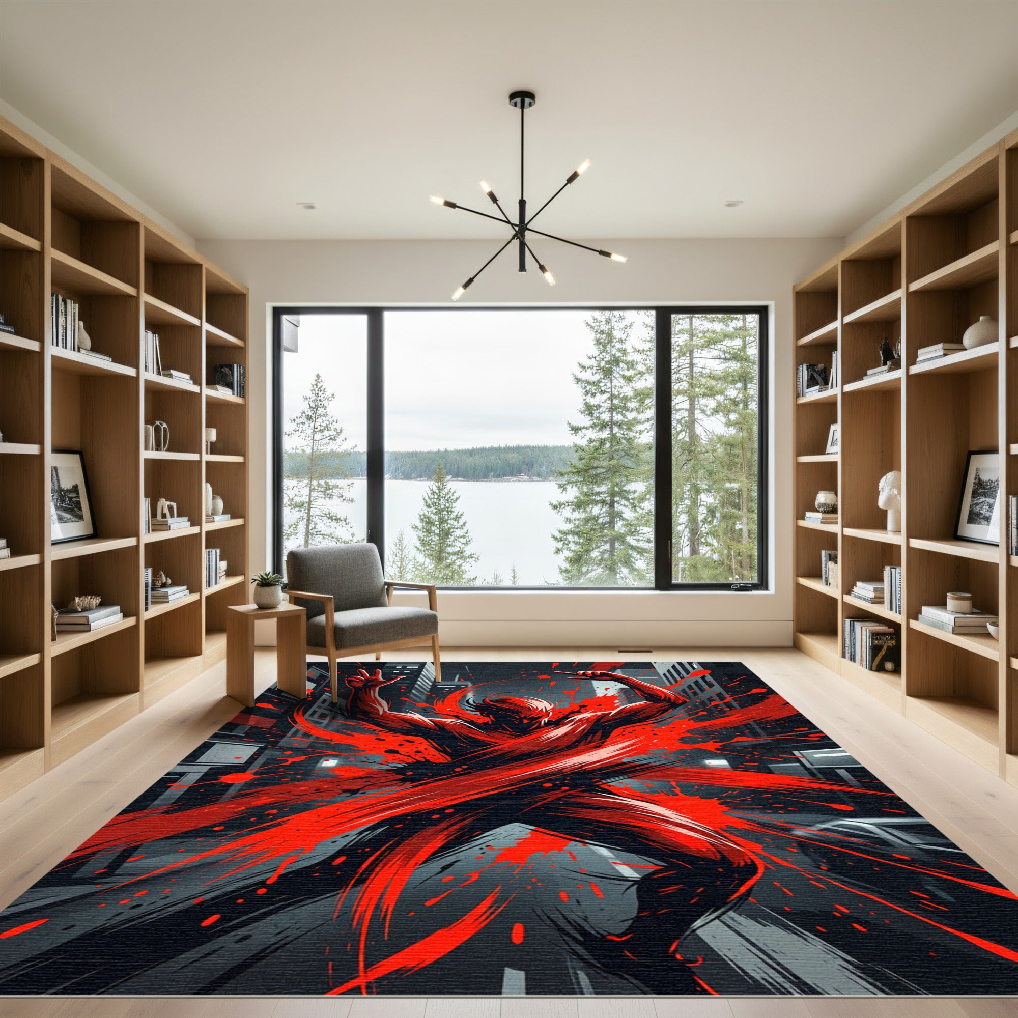 Crimson Red Figure Splatter Street Scene Rug