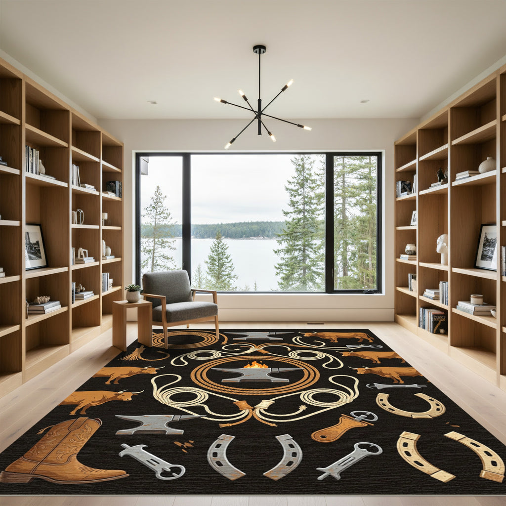 Rustic Western Anvil Lasso Bull Rug
