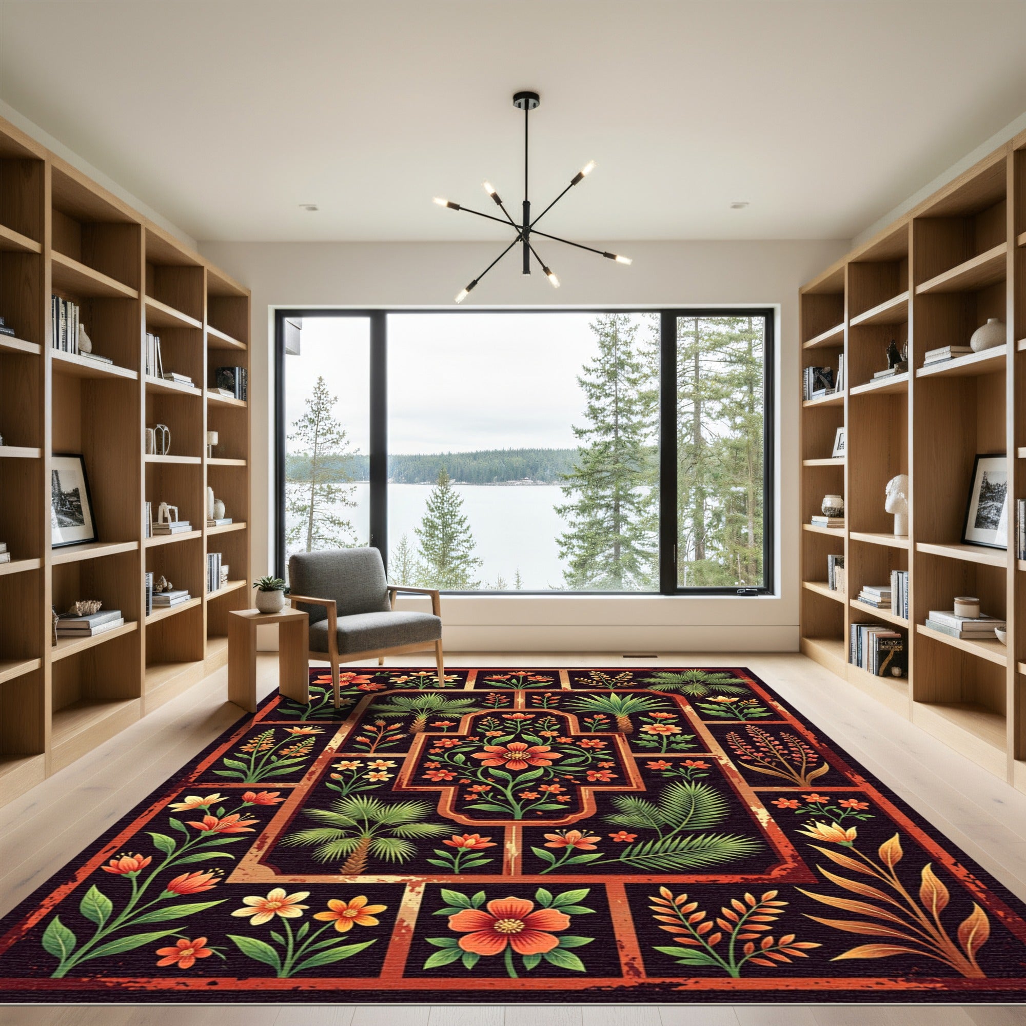 Ornate Crimson Botanical Grid Rug