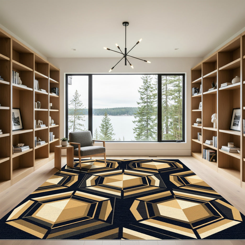 Gold Geometric Hexagon Abstract Art Rug