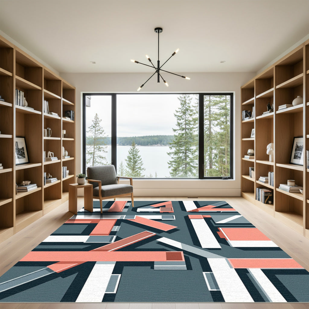 Modern Geometric Peach and Slate Composition Rug