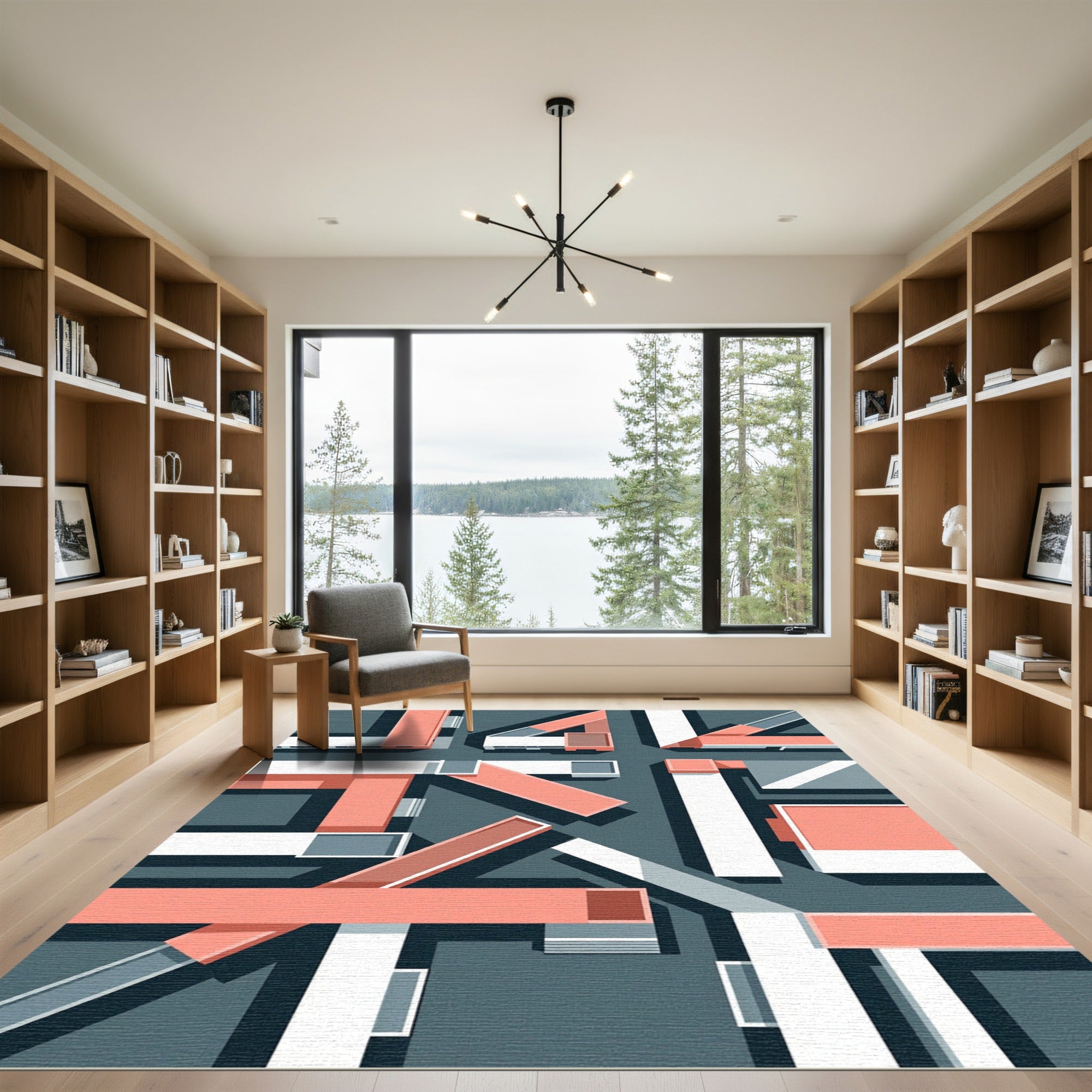 Modern Geometric Peach and Slate Composition Rug
