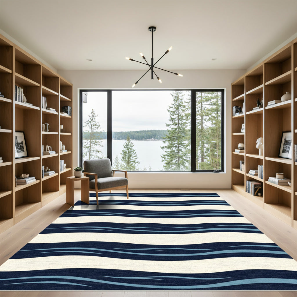 Modern Navy and Cream Wavy Stripe Rug
