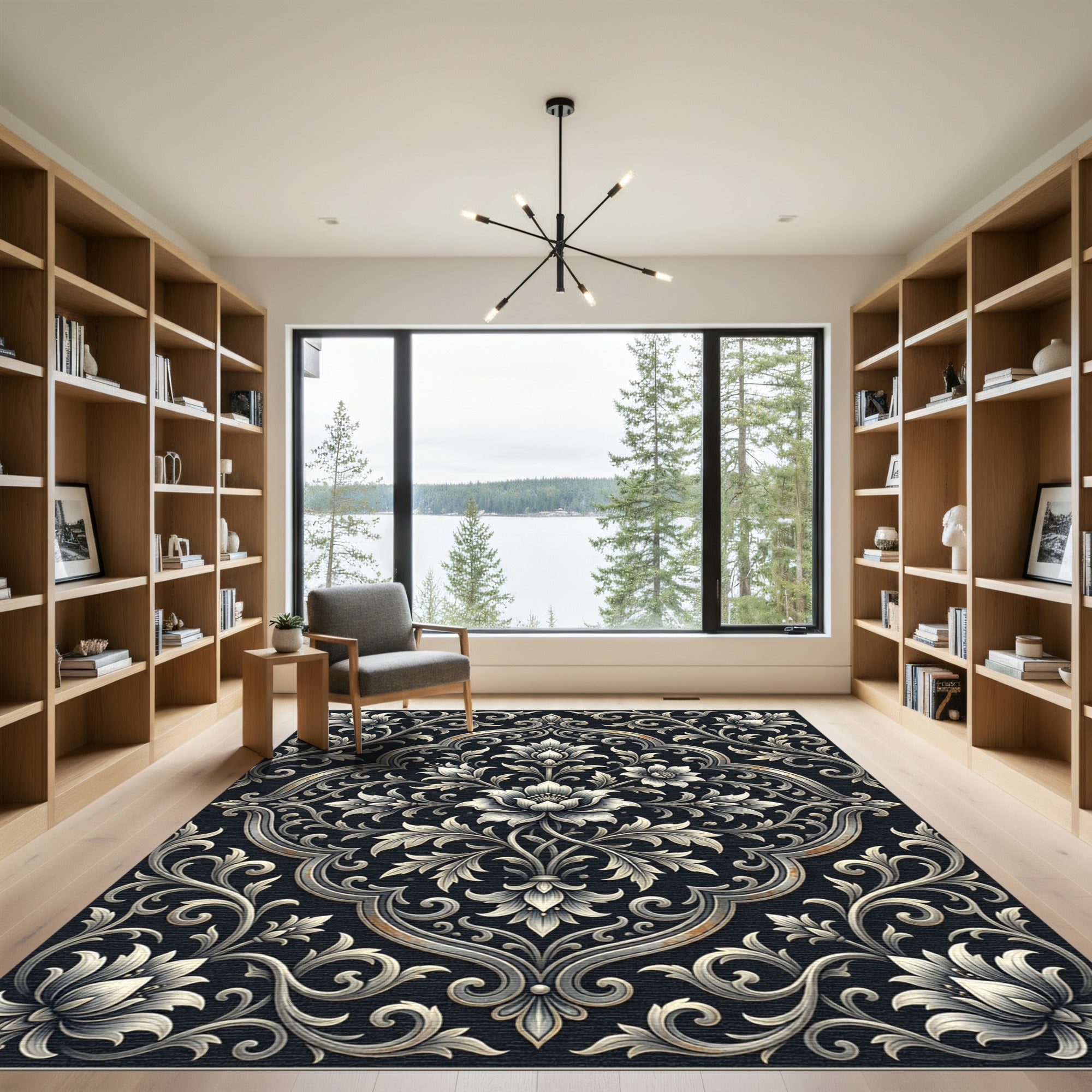 Monochrome Floral Scroll Damask Rug