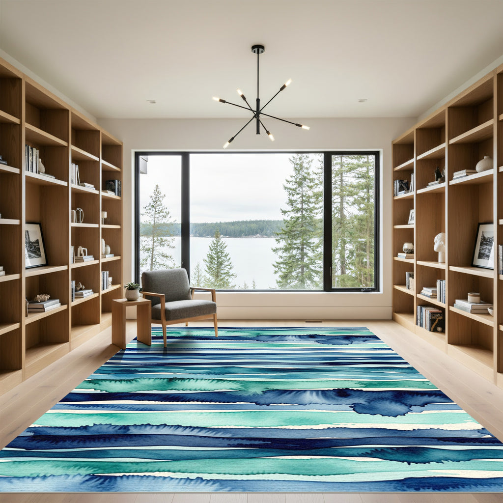Watercolor Ocean Waves Teal Blue Stripes Rug