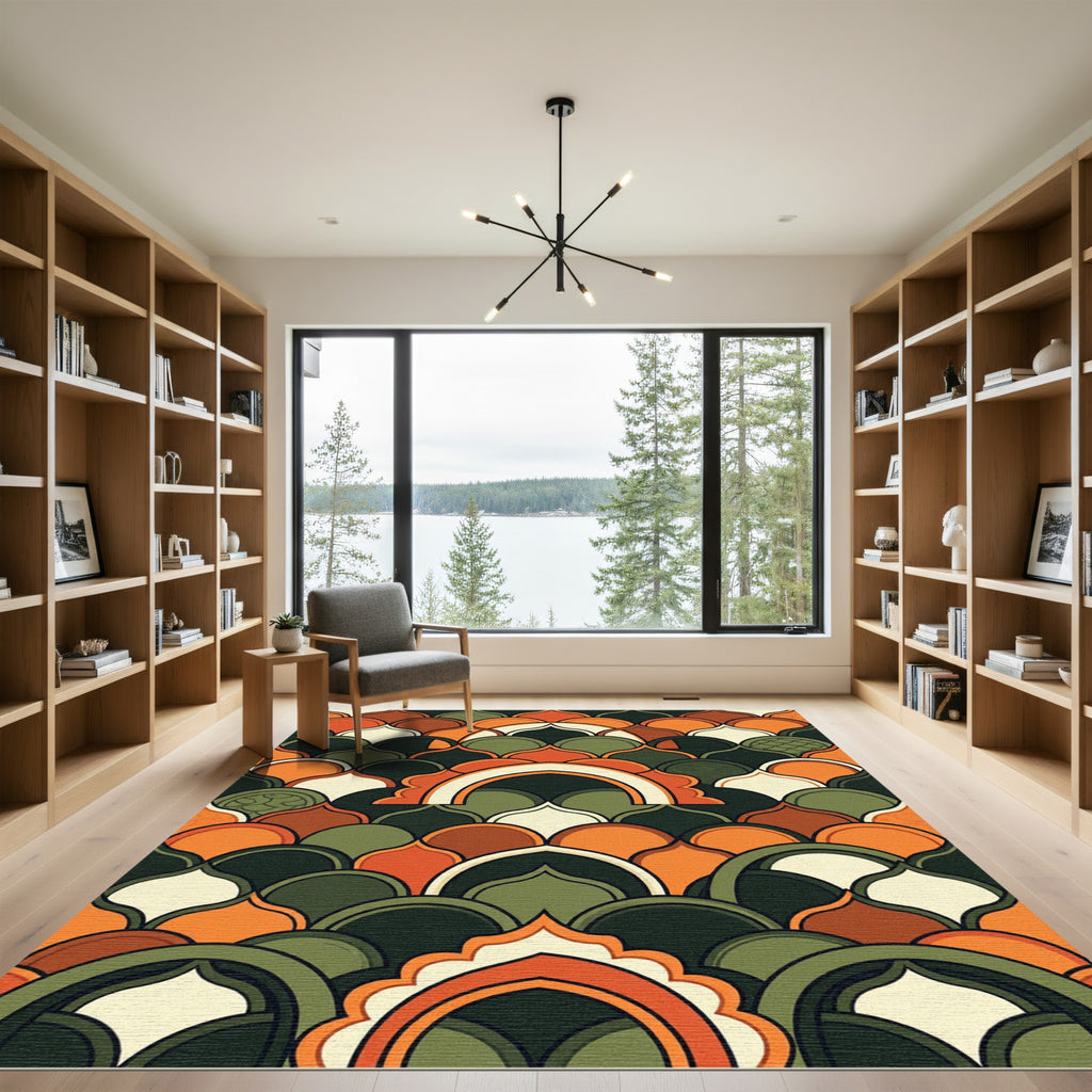 Retro Terracotta and Forest Scalloped Arch Rug