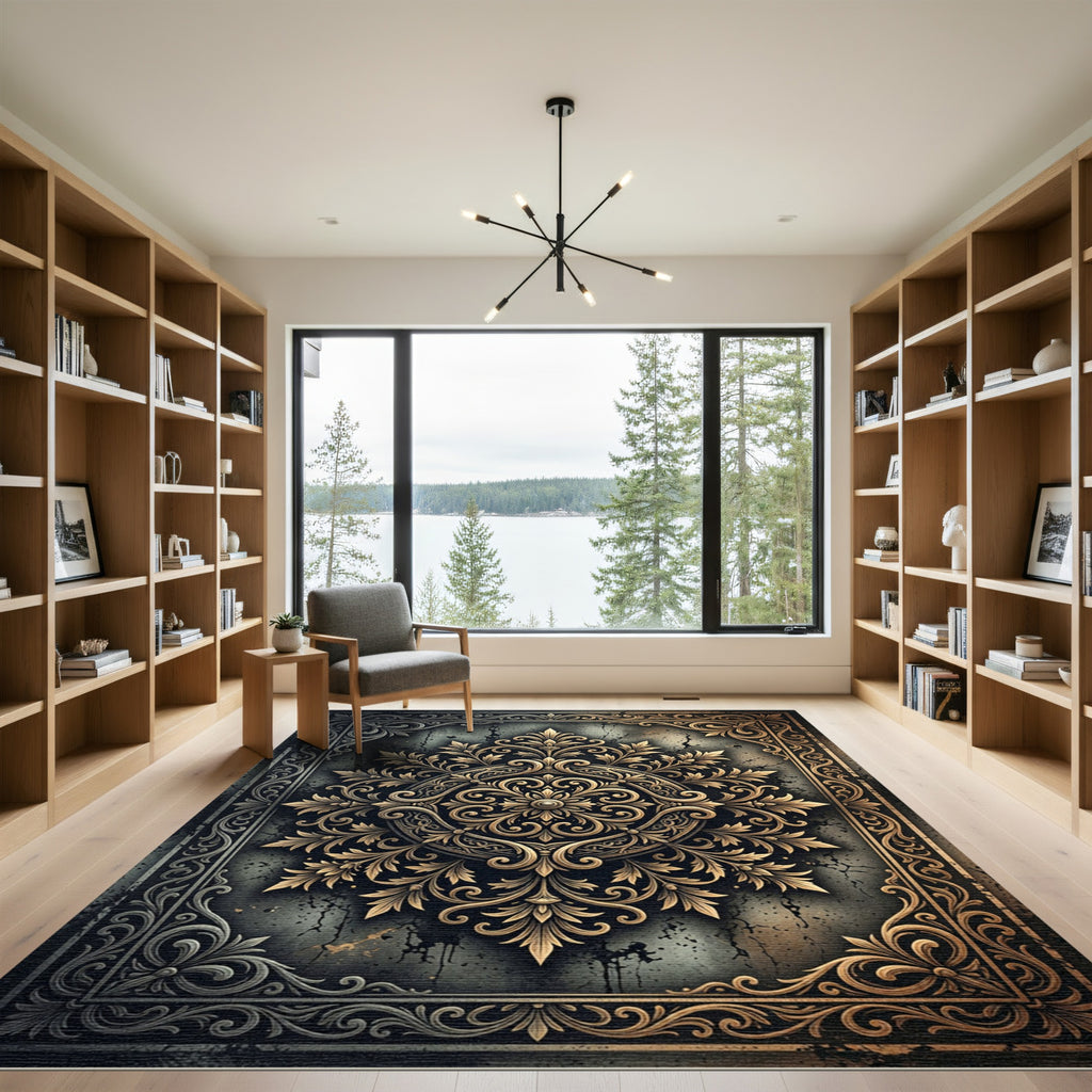 Ornate Golden Floral Damask Medallion Rug
