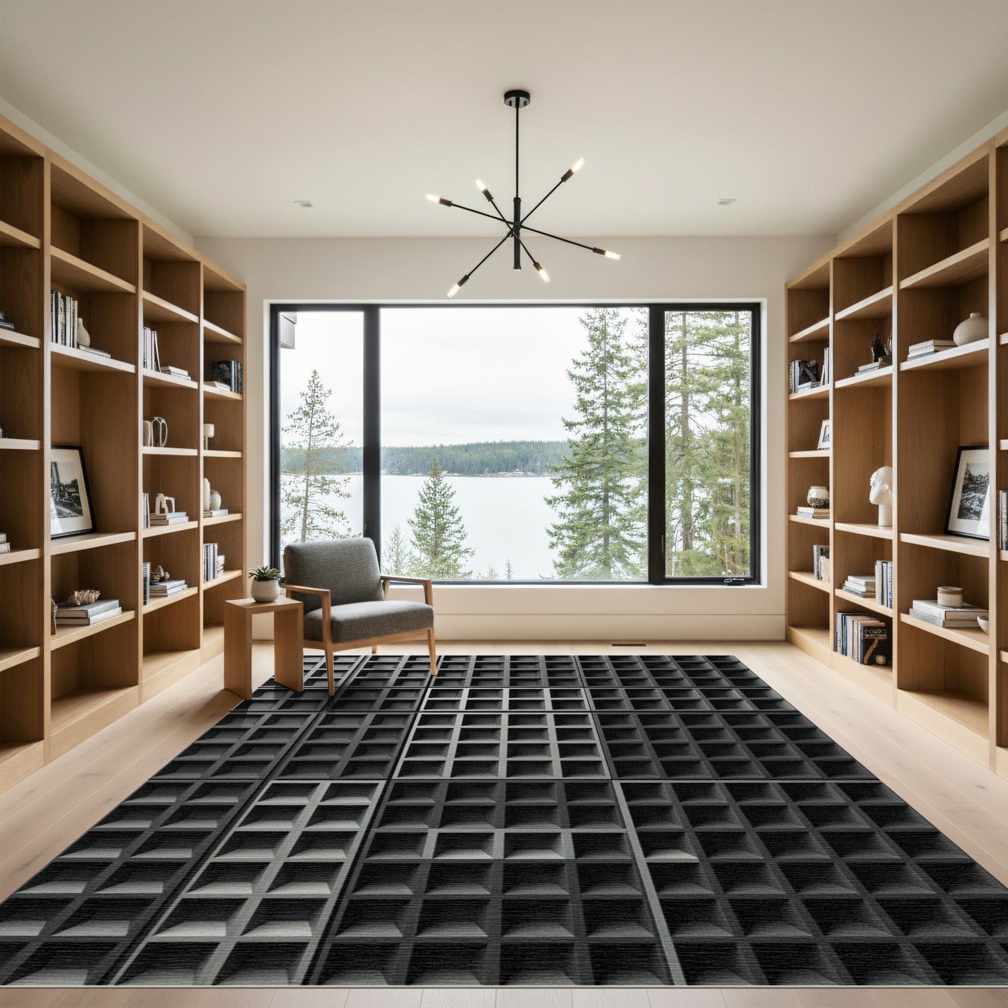 Minimalist Monochrome Grid Charcoal Rug