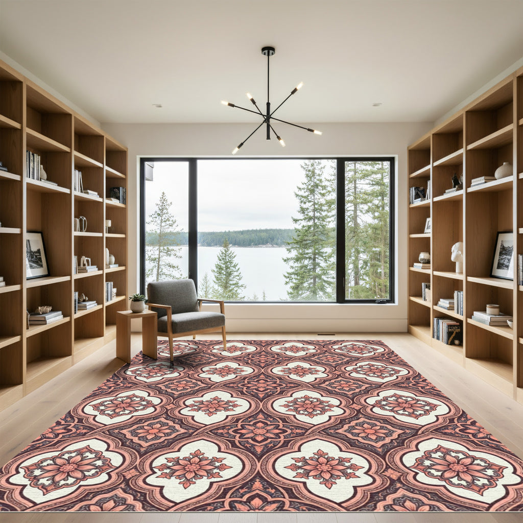 Coral Pink Quatrefoil Floral Medallion Rug