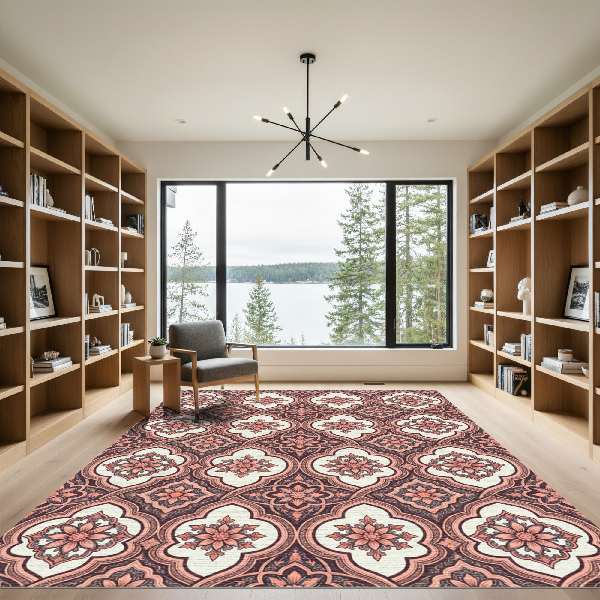Coral Pink Quatrefoil Floral Medallion Rug