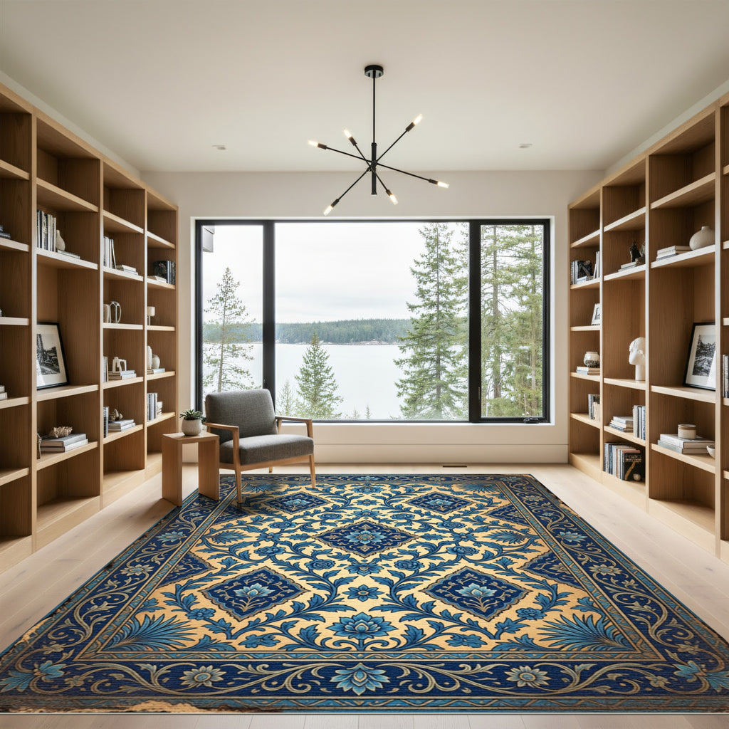 Ornate Blue Floral Medallion Gold Backdrop Rug
