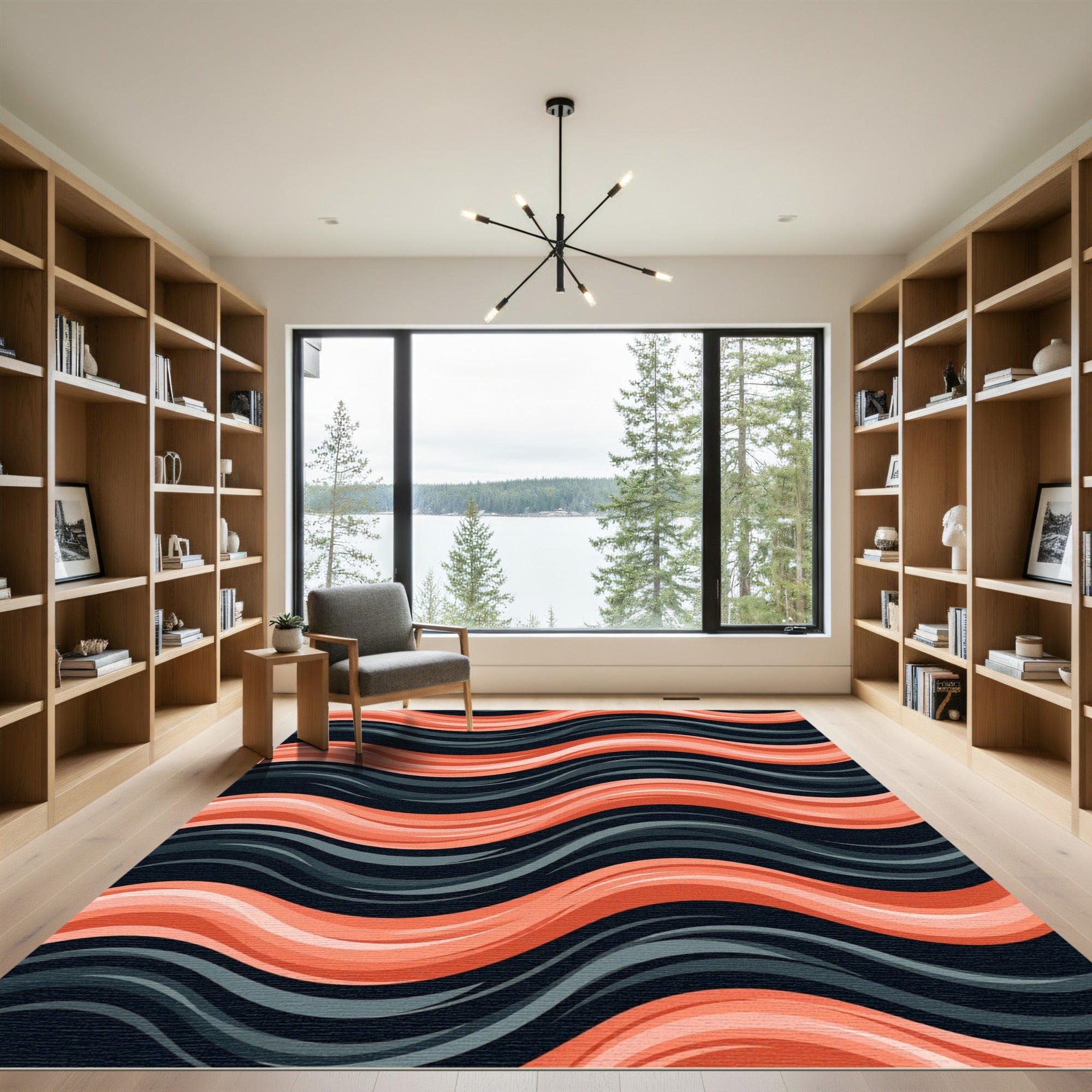 Modern Coral and Charcoal Wavy Stripe Rug