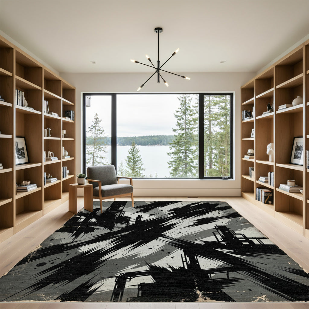 Industrial Monochrome Abstract Brush Stroke Art Rug