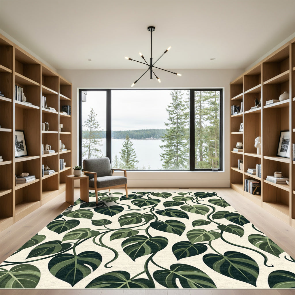 Lush Green Tropical Philodendron Foliage Rug