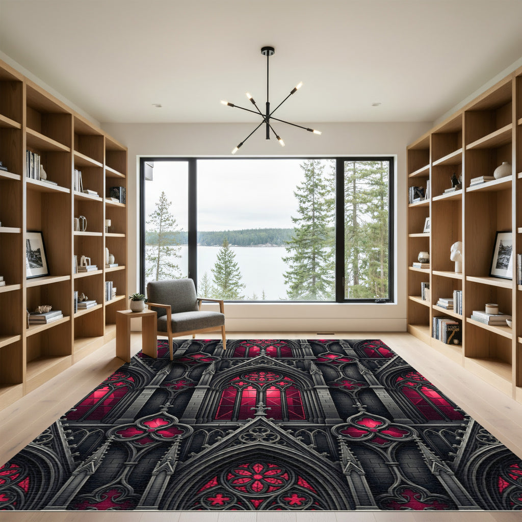 Gothic Crimson Cathedral Arch Geometric Rug