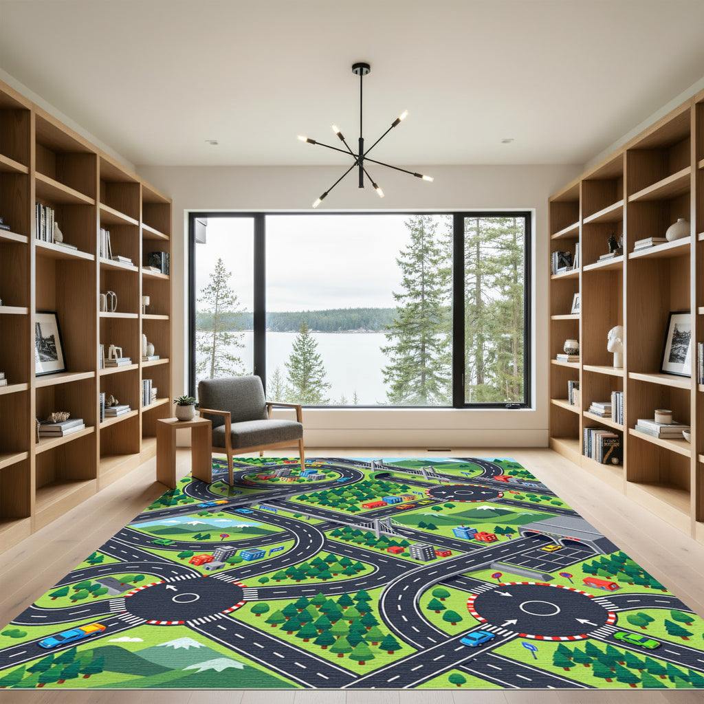 Vibrant Isometric Cityscapes Road Adventure Map Rug