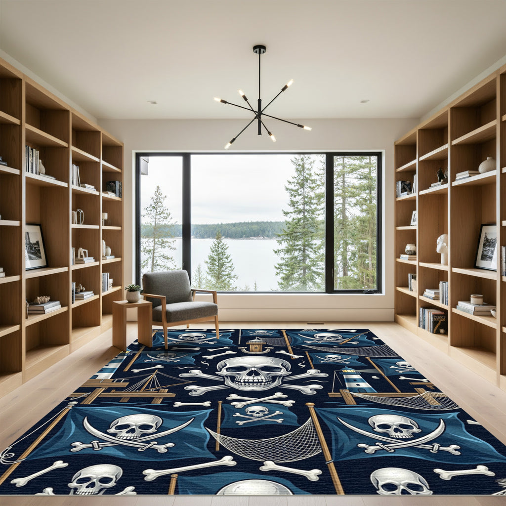 Dark Blue Pirate Skull Nautical Flag Rug