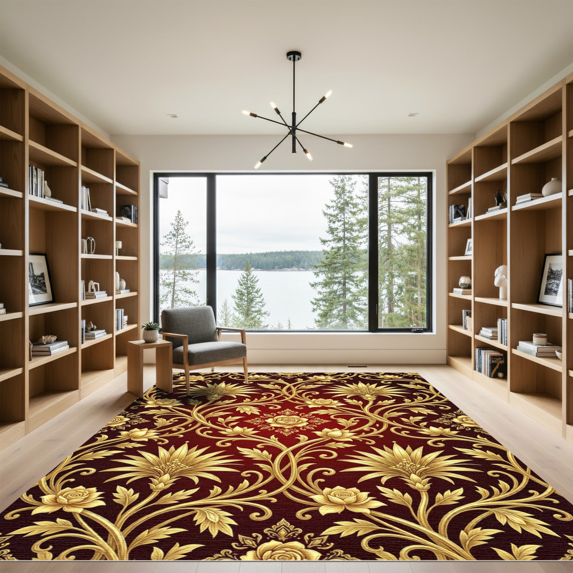 Golden Floral Vine Red Background Rug