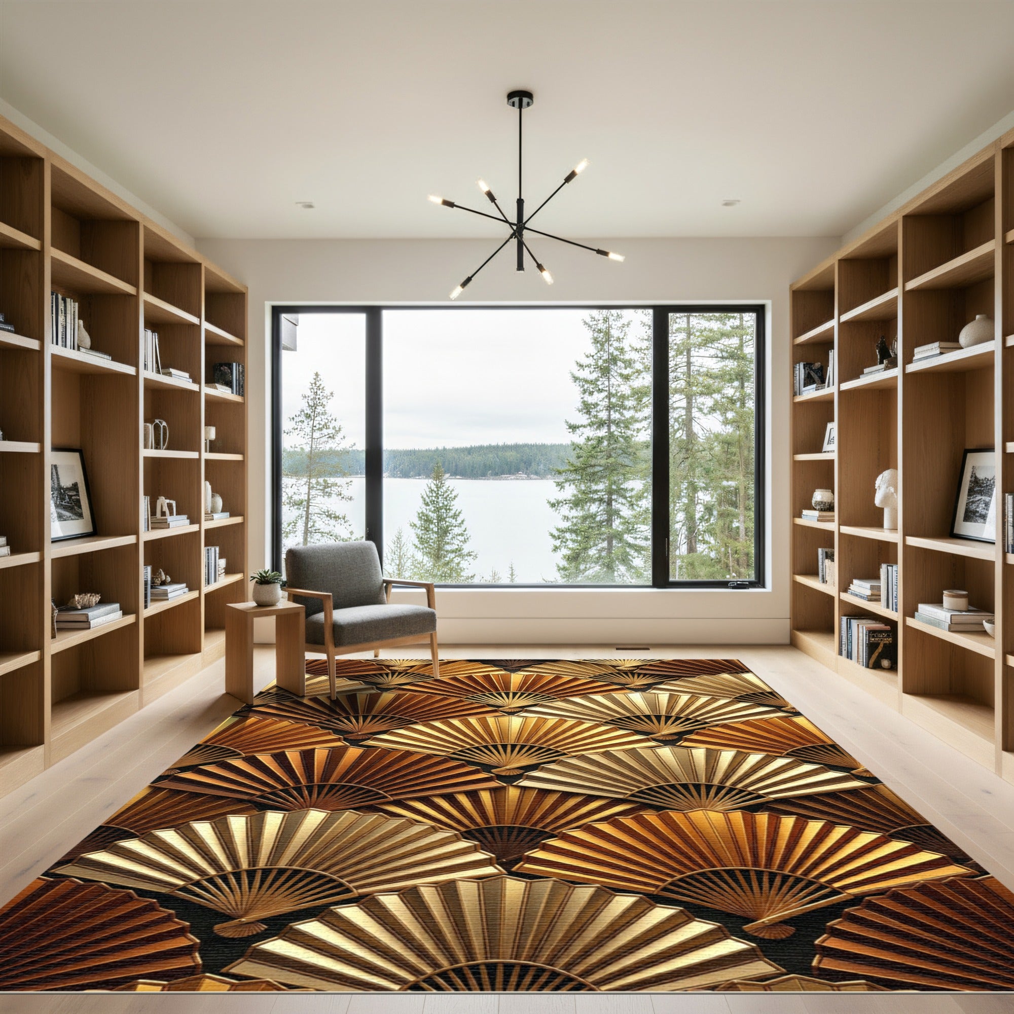 Metallic Golden Art Deco Fan Mosaic Rug