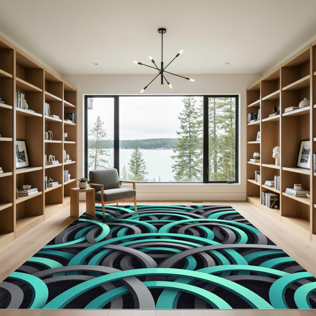 Turquoise and Charcoal Interlocking Geometric Arc Rug
