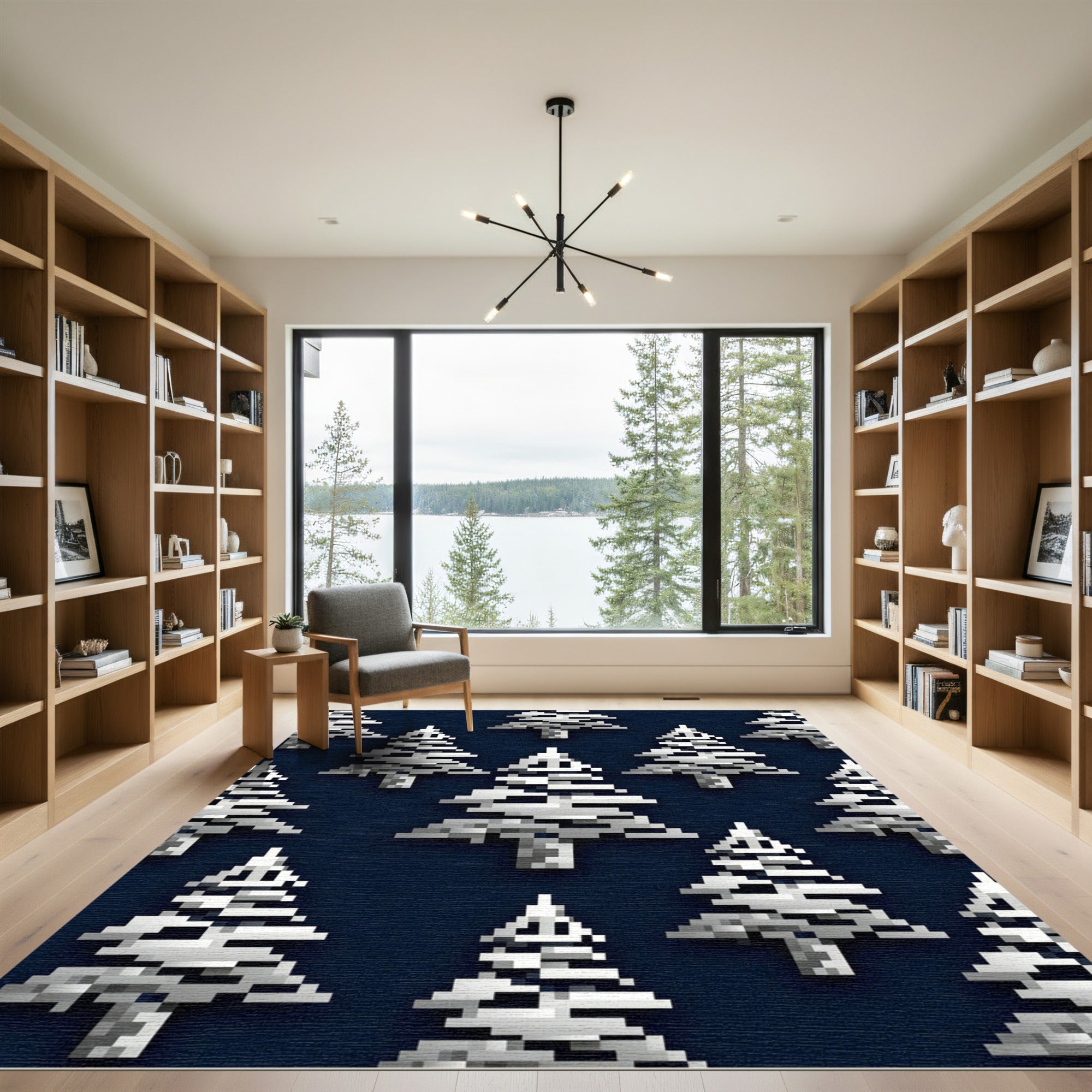 Modern Pixelated Silver Evergreen Forest Rug
