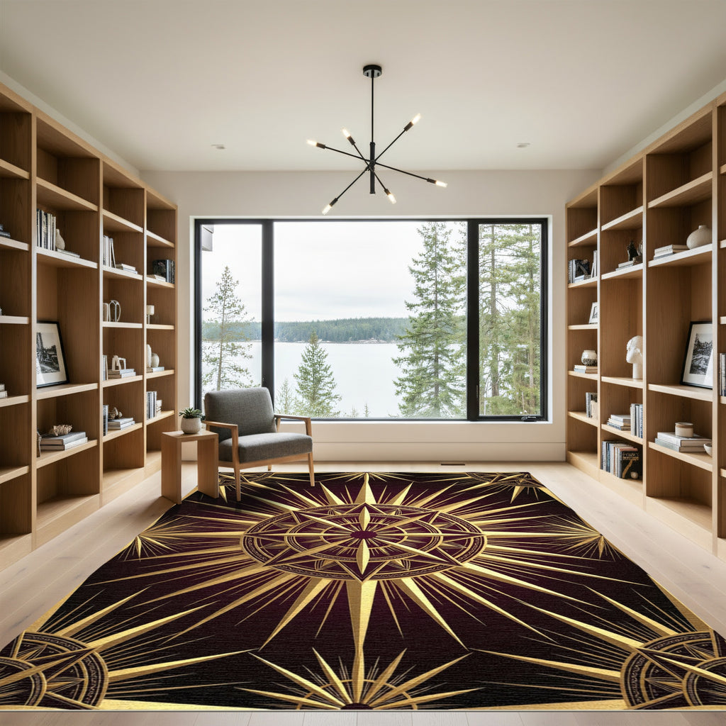 Golden Celestial Starburst Burgundy Medallion Rug