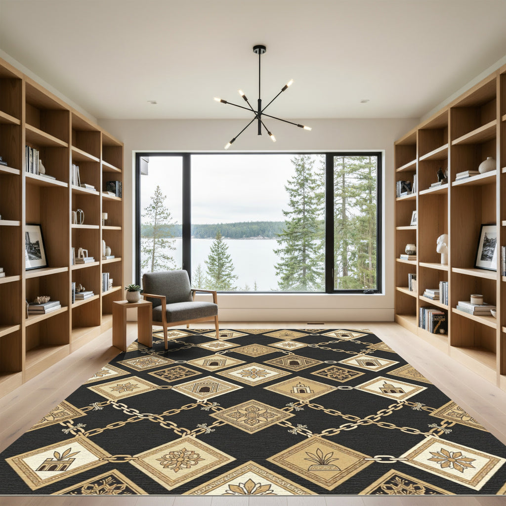 Gold Geometric Chain Architectural Square Tile Rug