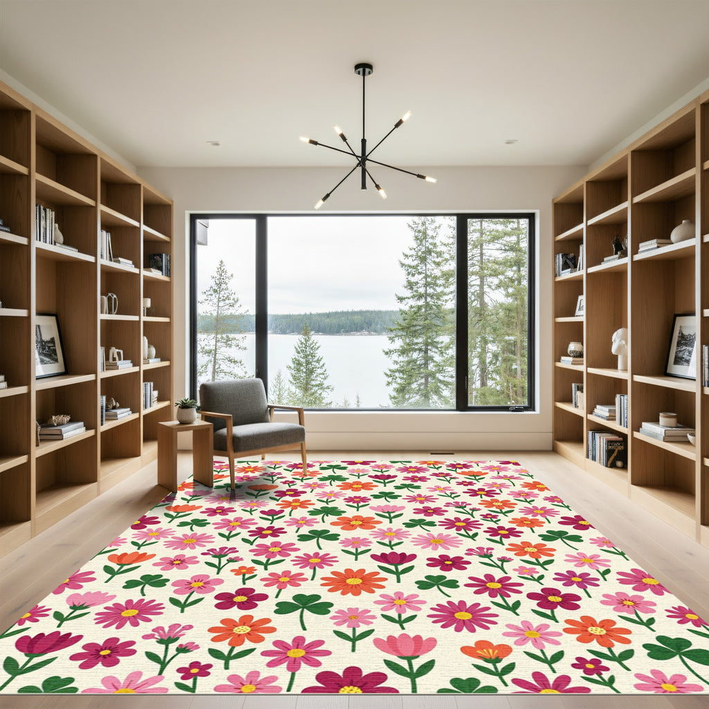 Bright Floral Meadow With Clover Accents Rug
