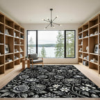 Monochrome Floral Garden Curled Vine Arrangement Rug