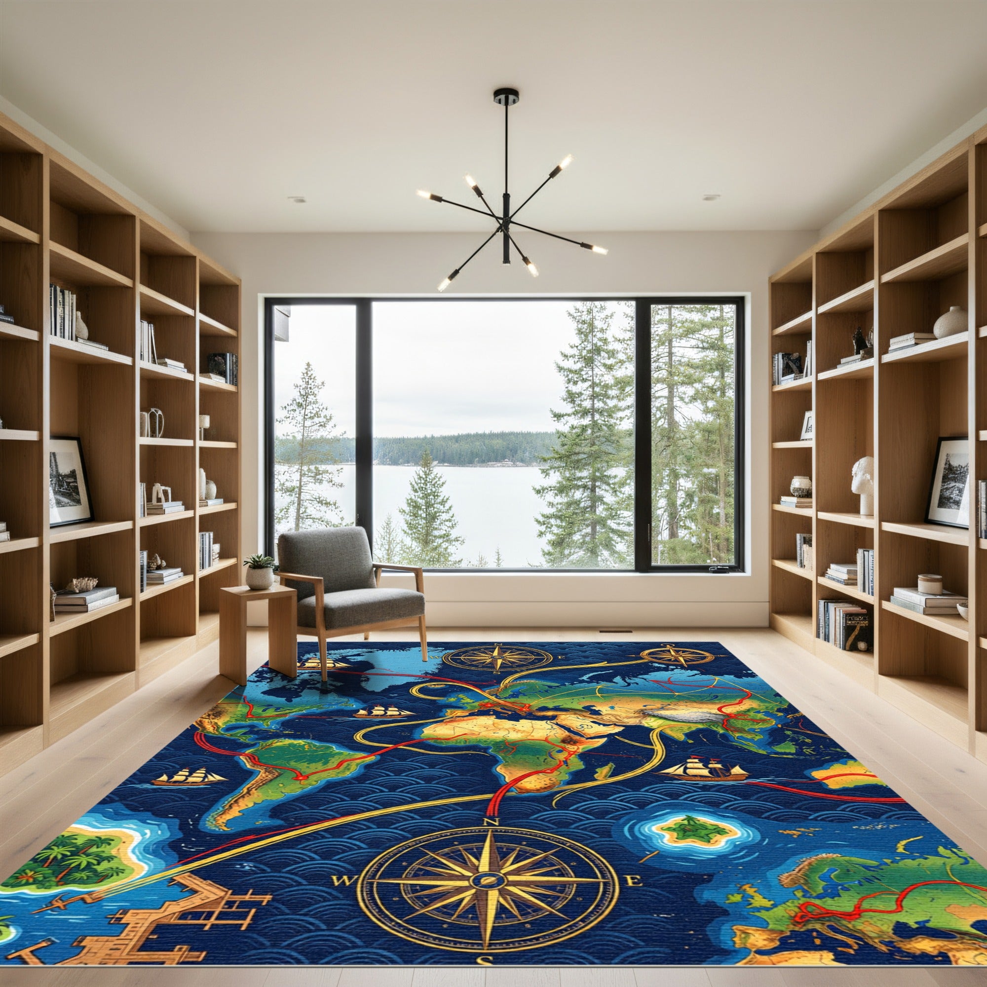 Nautical World Map Compass Ships Rug