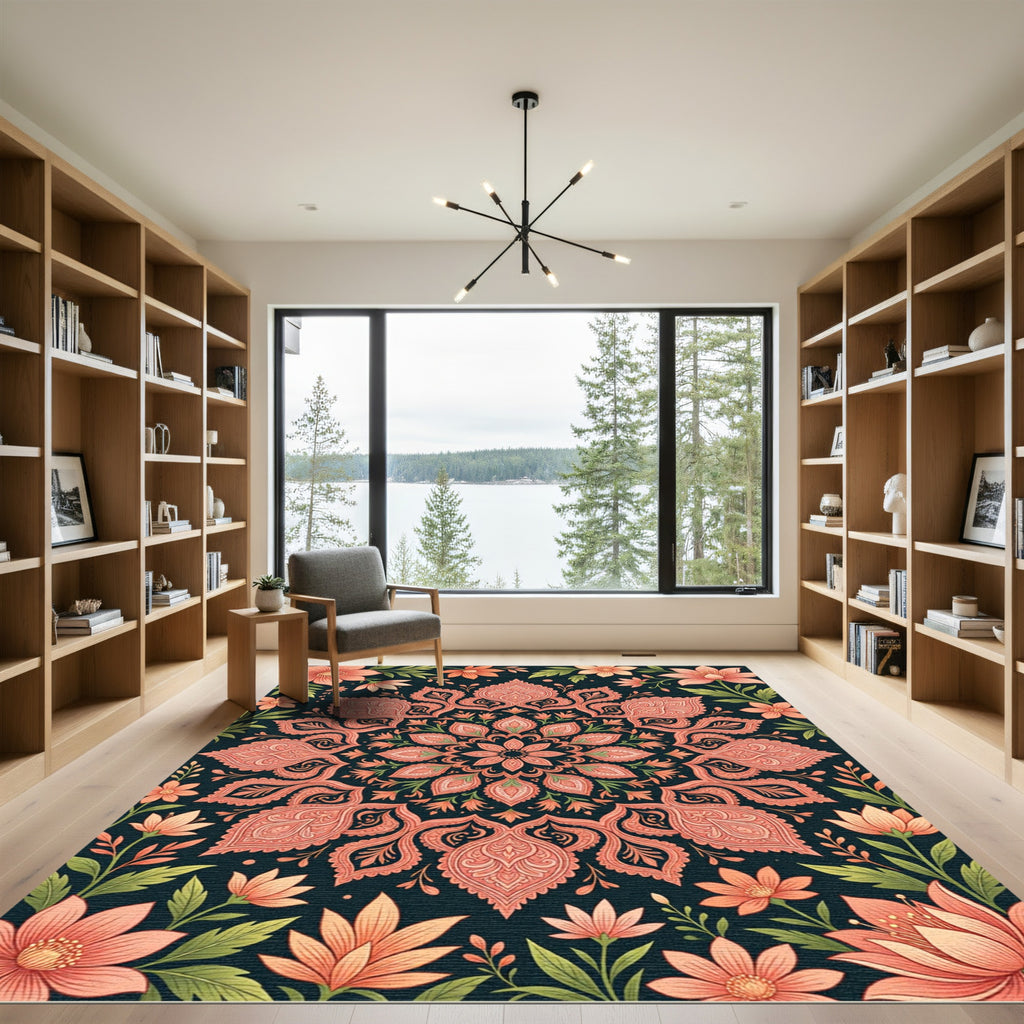 Coral Botanical Paisley Mandala Rug