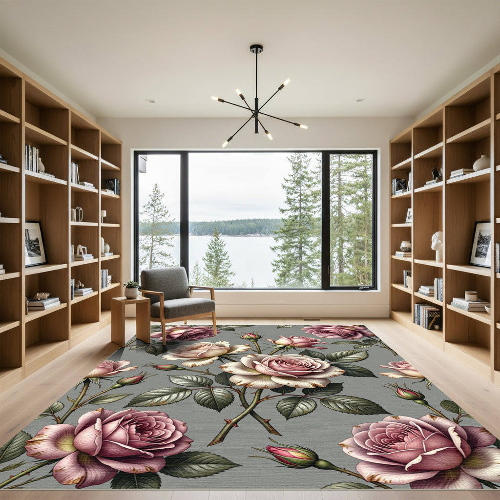 Dusty Rose Garden Floral Bloom Rug