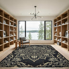 Ornate Charcoal Gold Floral Mandala Rug