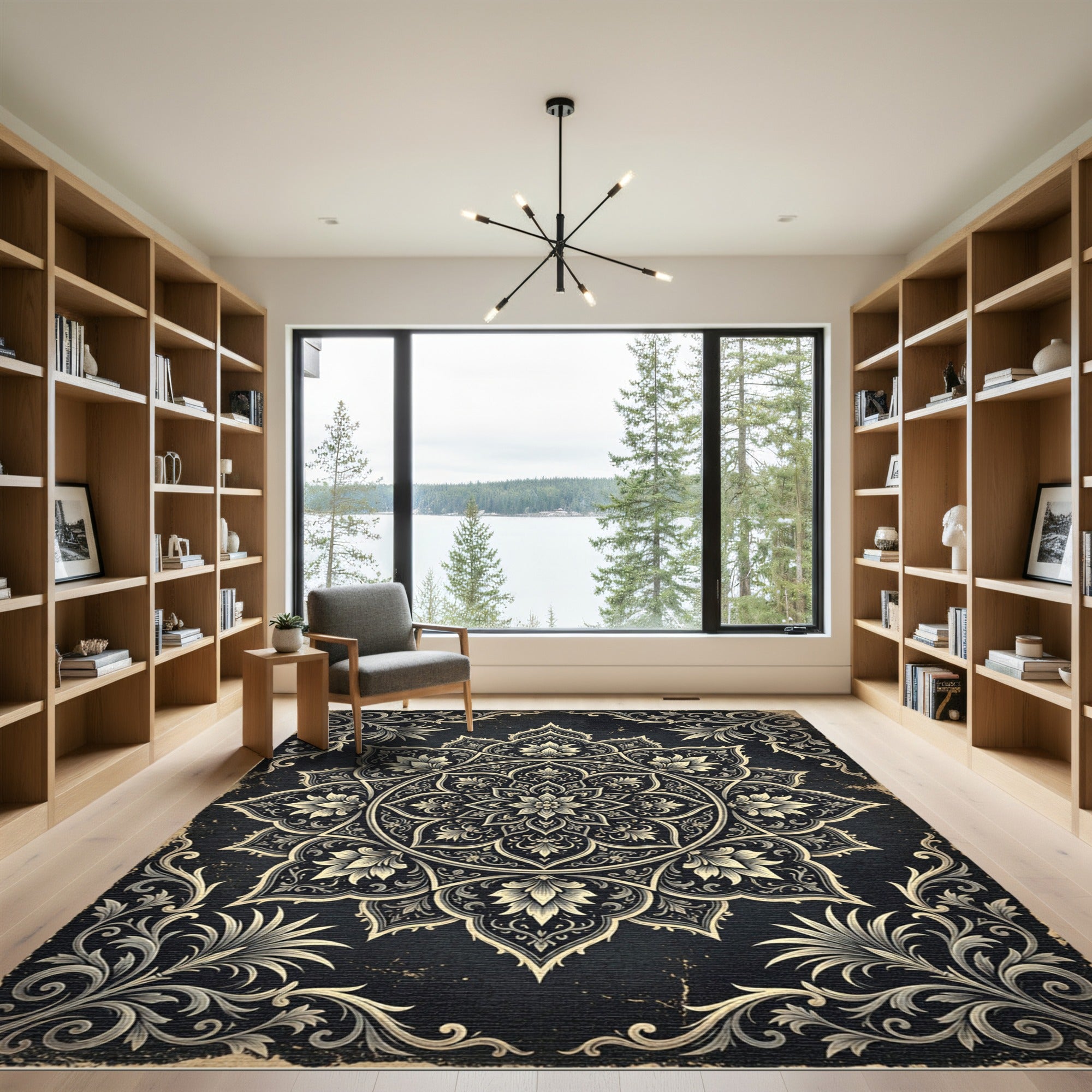 Ornate Charcoal Gold Floral Mandala Rug
