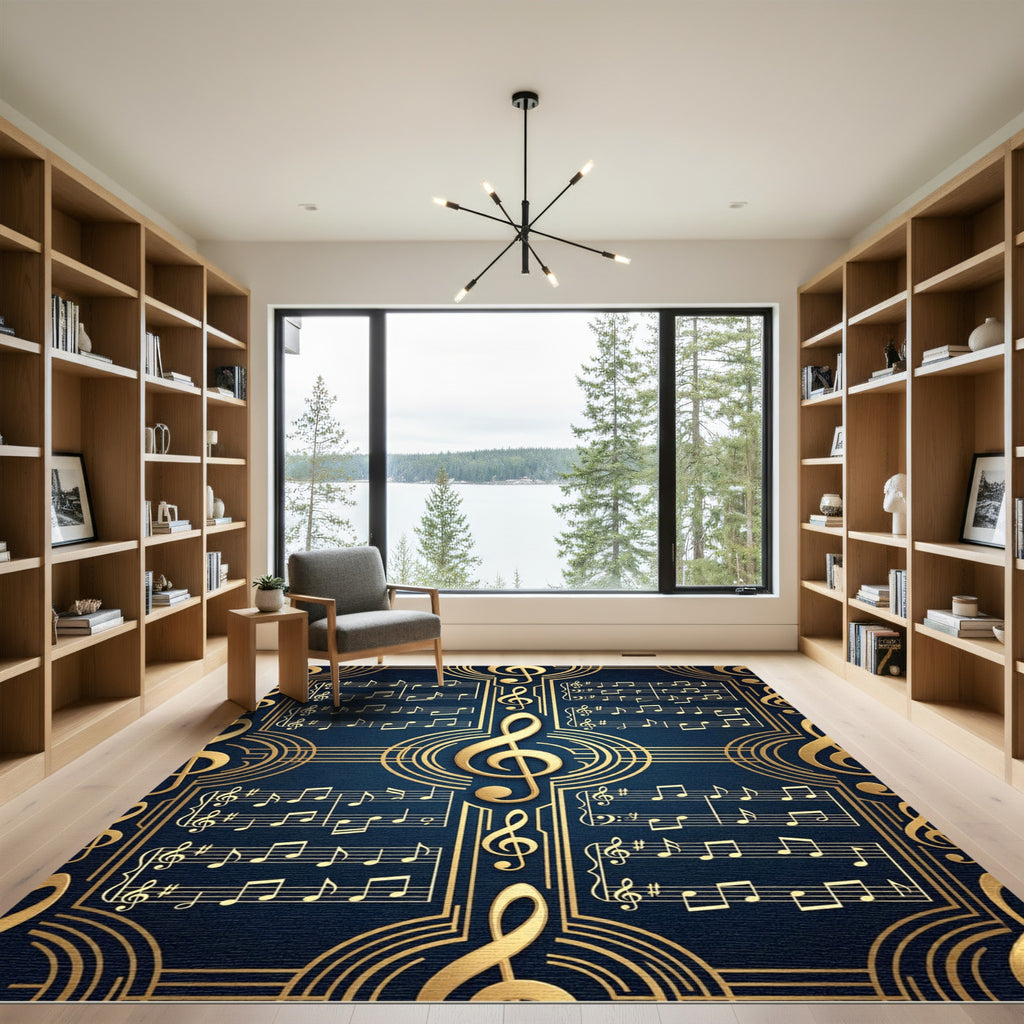 Golden Treble Clef Navy Musical Scroll Rug