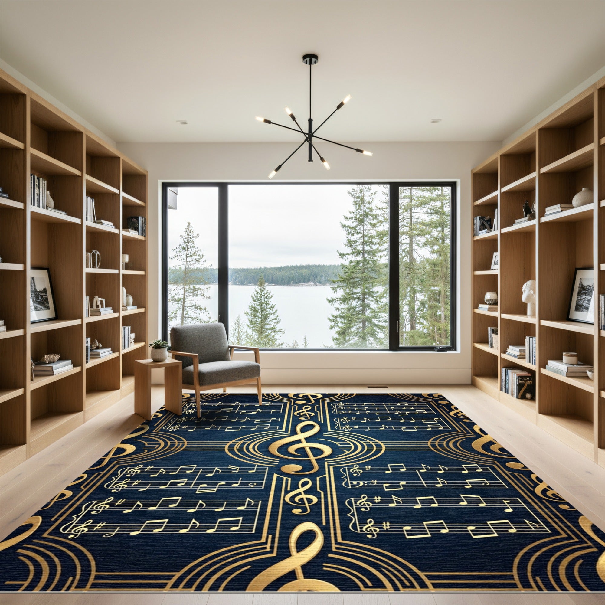Golden Treble Clef Navy Musical Scroll Rug