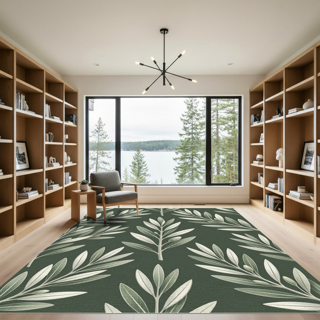 Elegant Olive Branch Deep Green Rug