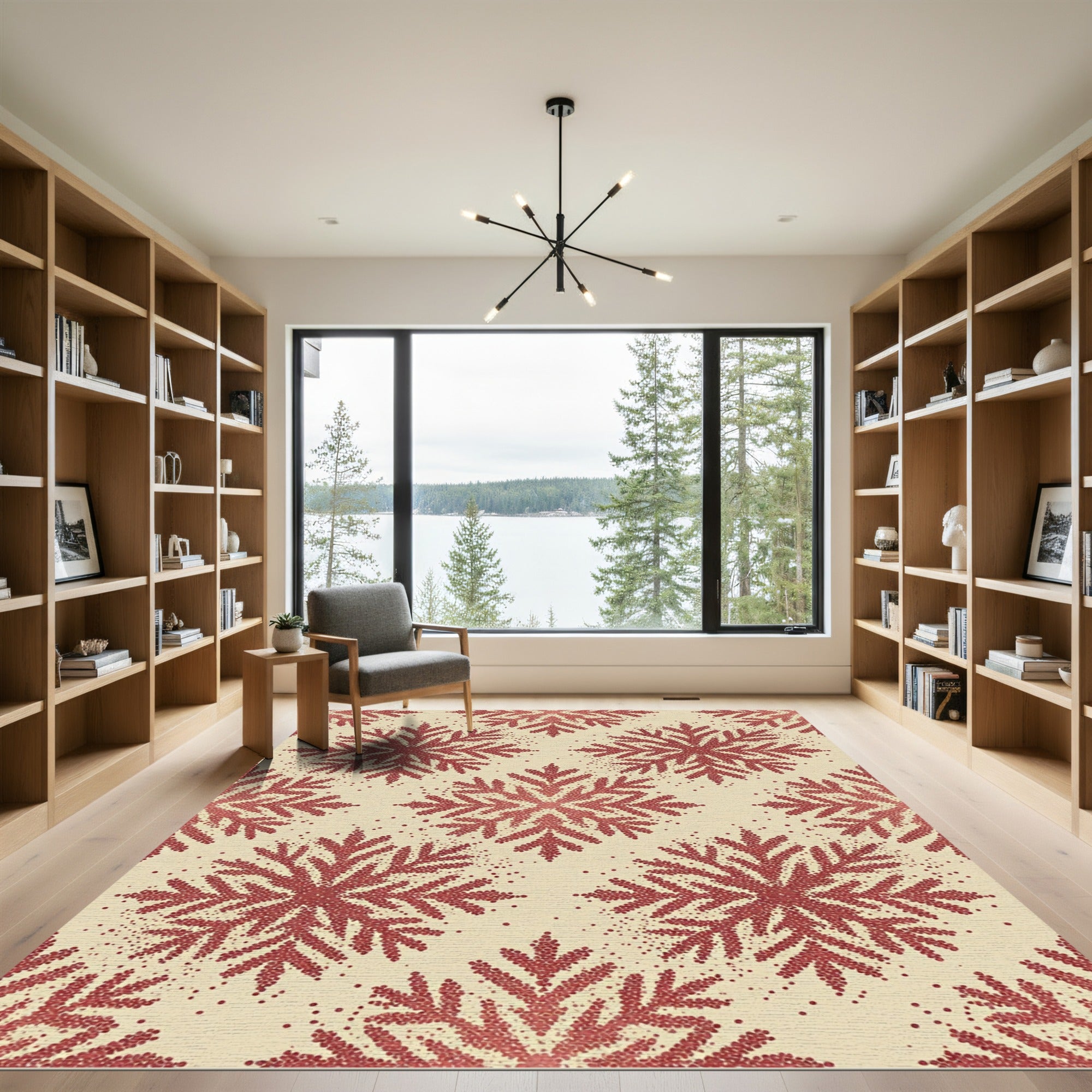 Crimson Stippled Snowflake Winter Area Rug